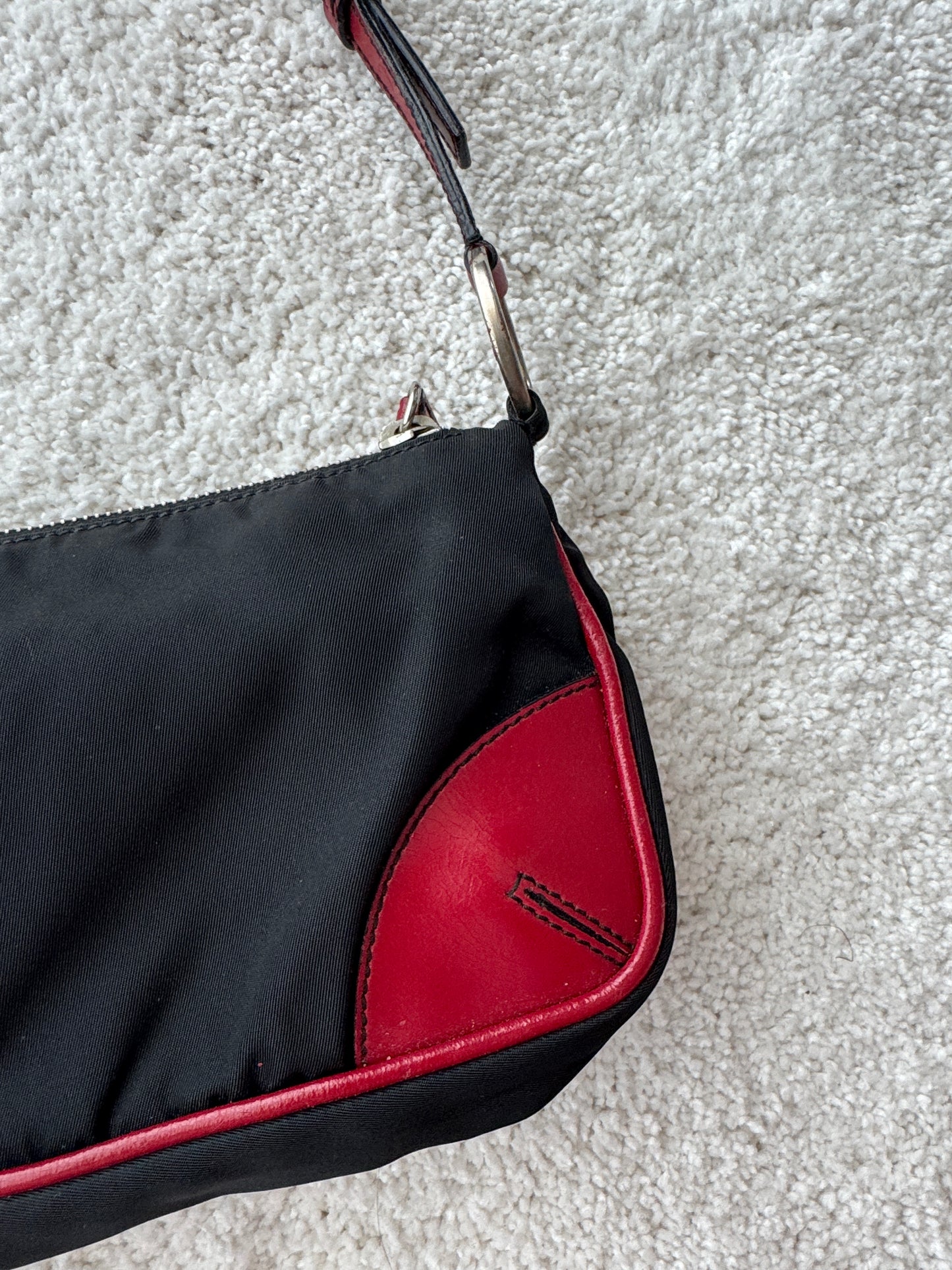 Prada Y2K Black Nylon w/ Red Leather Trim Shoulder Bag