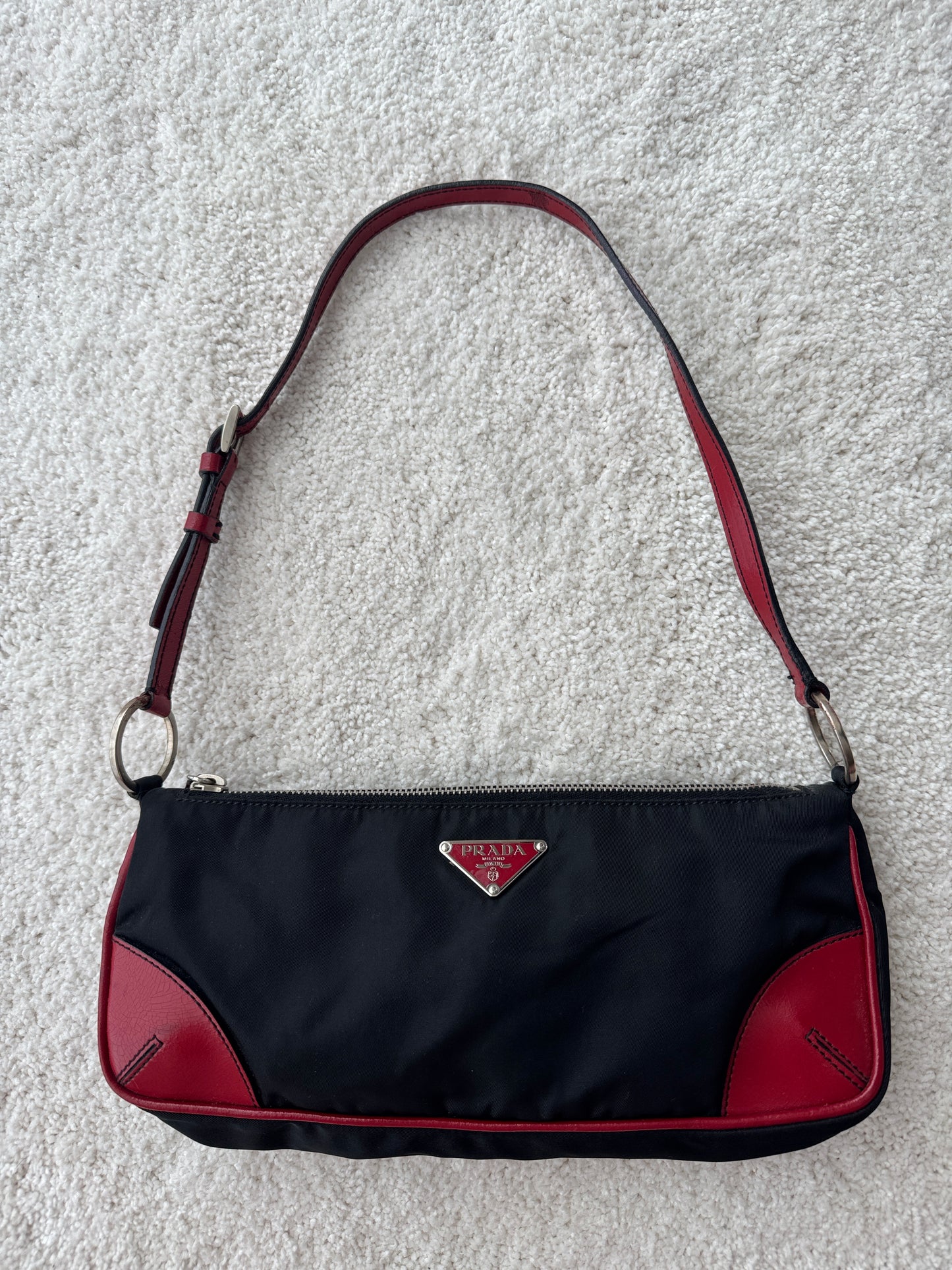 Prada Y2K Black Nylon w/ Red Leather Trim Shoulder Bag