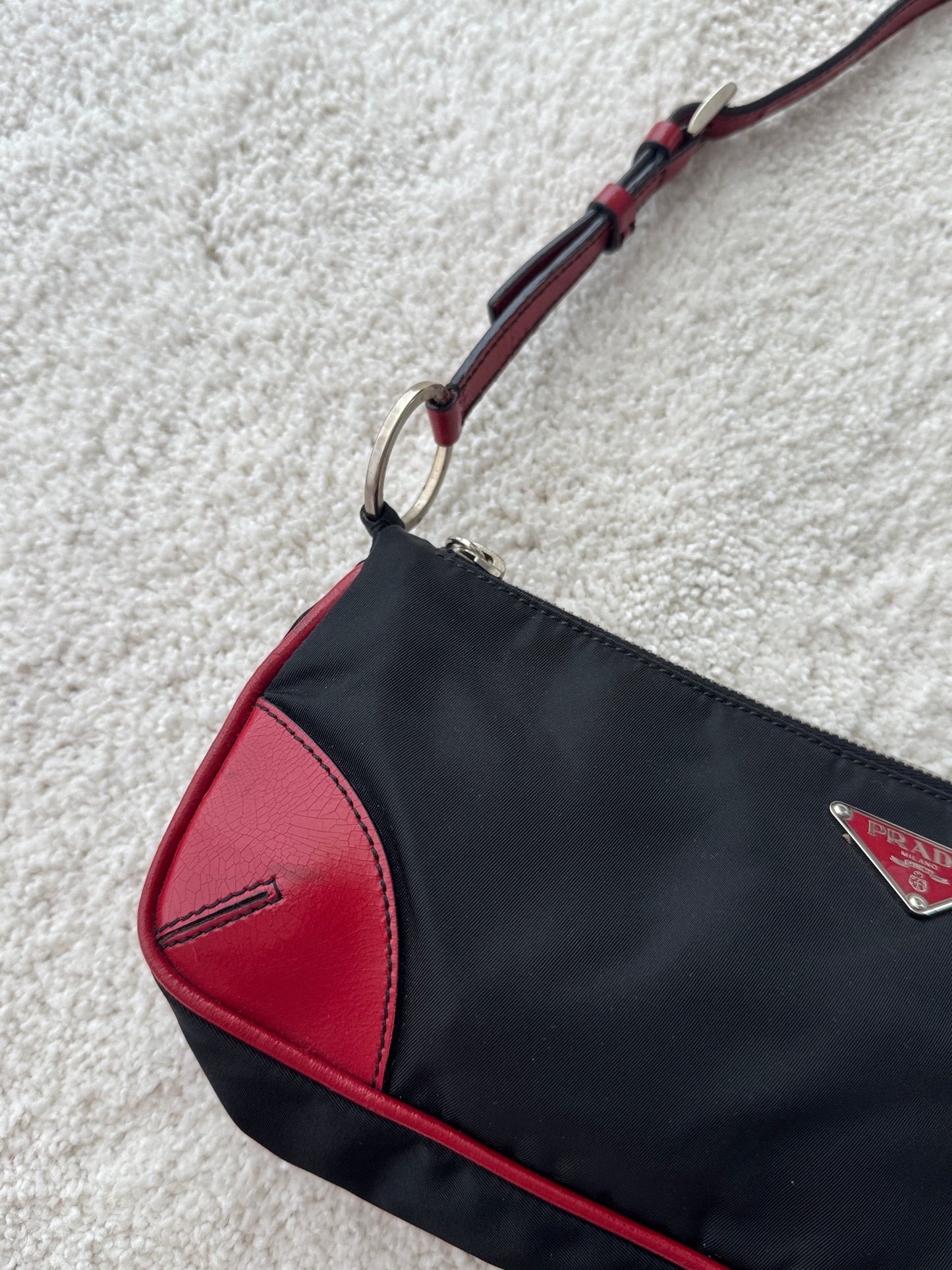 Prada Y2K Black Nylon w/ Red Leather Trim Shoulder Bag