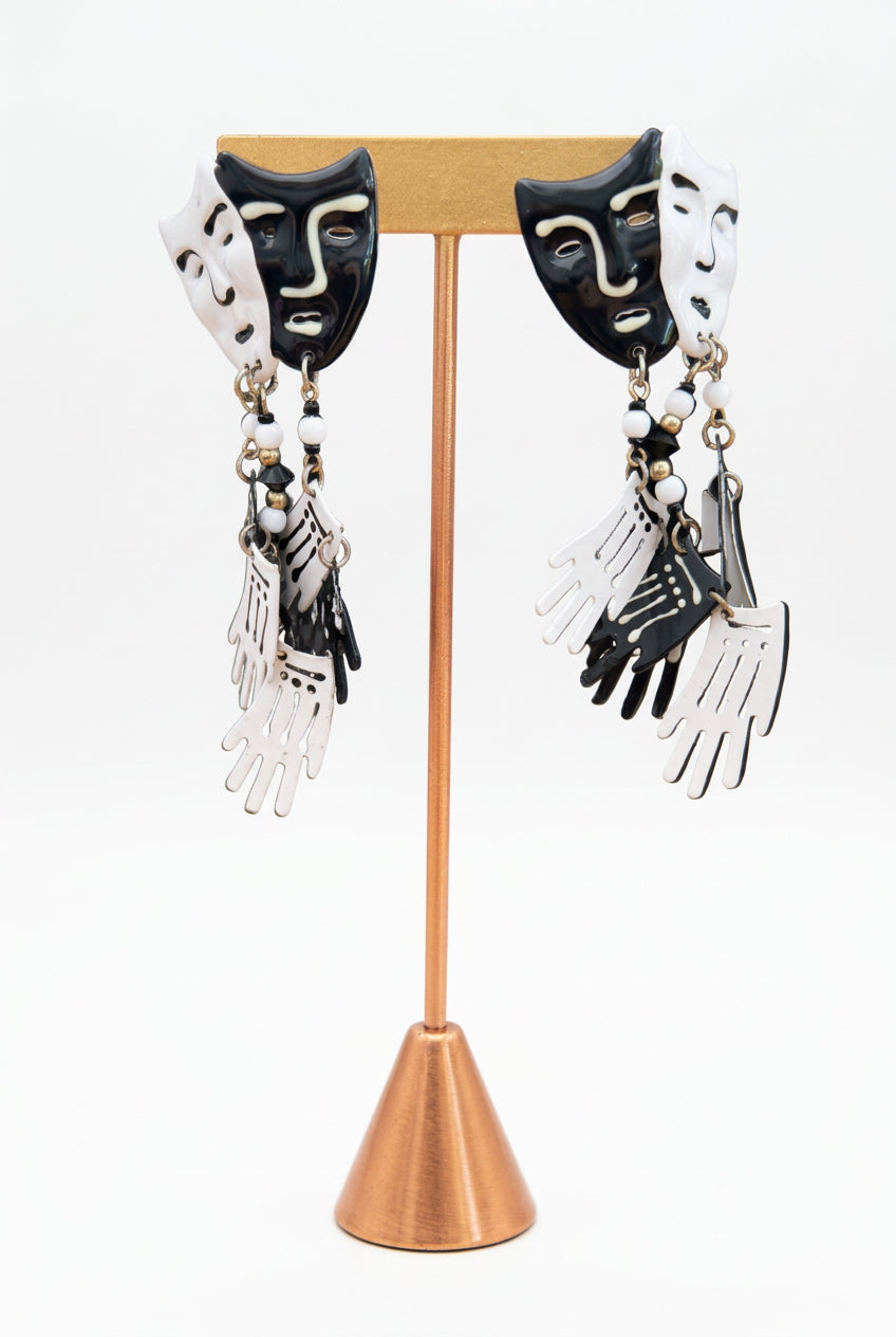 1980's Black and White Face & Hands Earrings