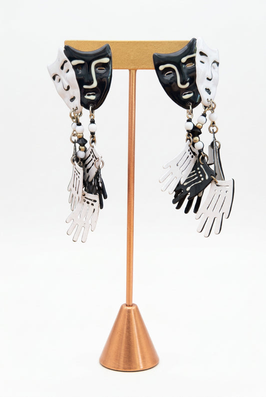 1980's Black and White Face & Hands Earrings