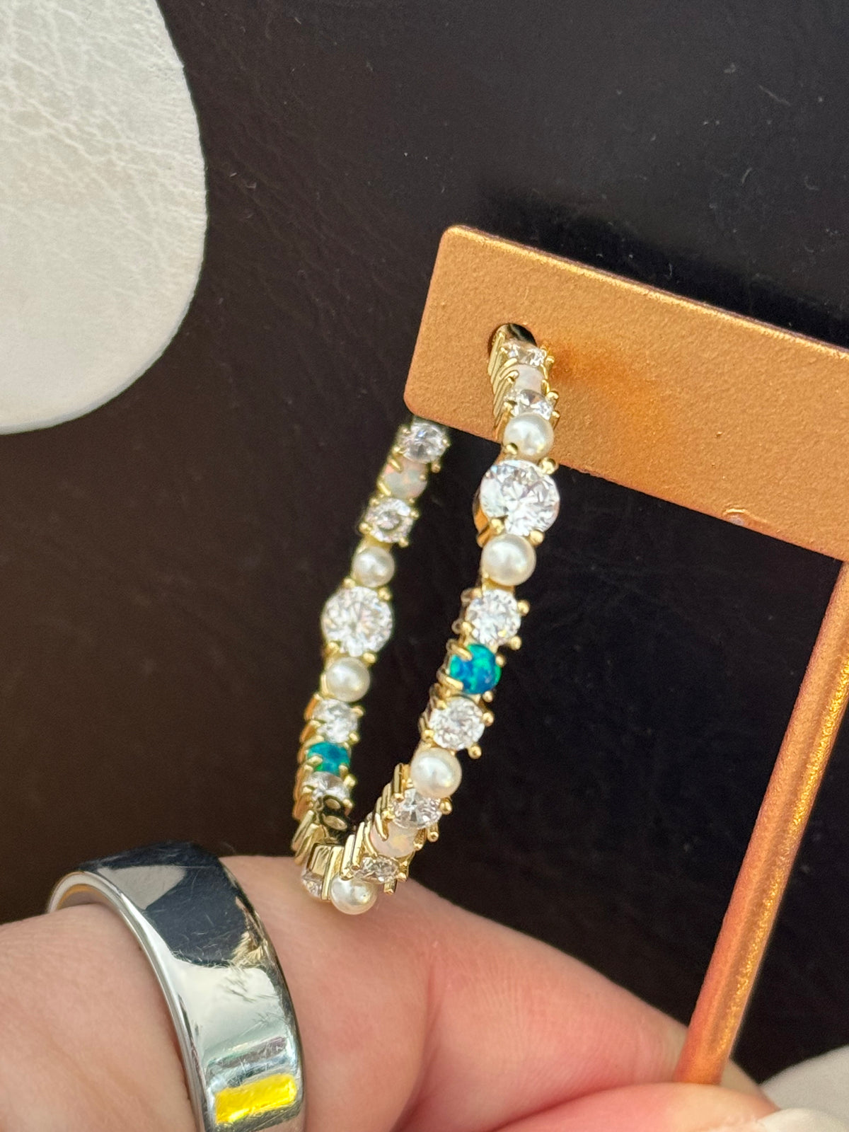 24K Plated Semi Precious Opal Pearl Hoops