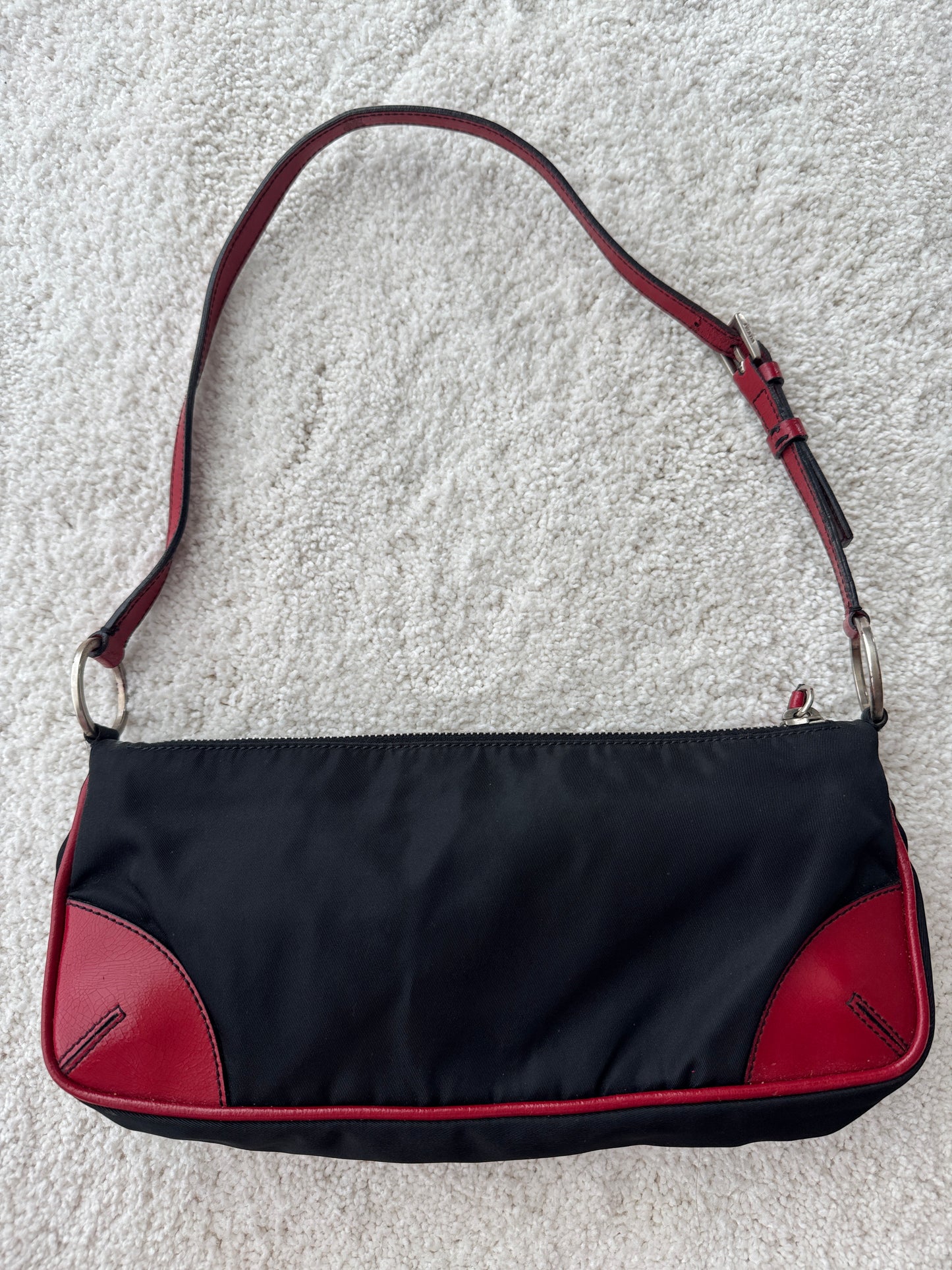 Prada Y2K Black Nylon w/ Red Leather Trim Shoulder Bag