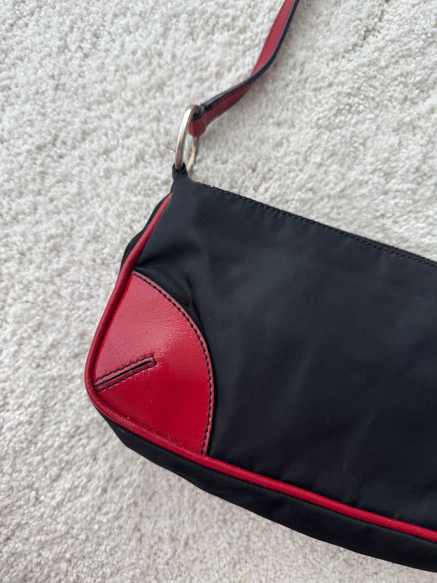 Prada Y2K Black Nylon w/ Red Leather Trim Shoulder Bag