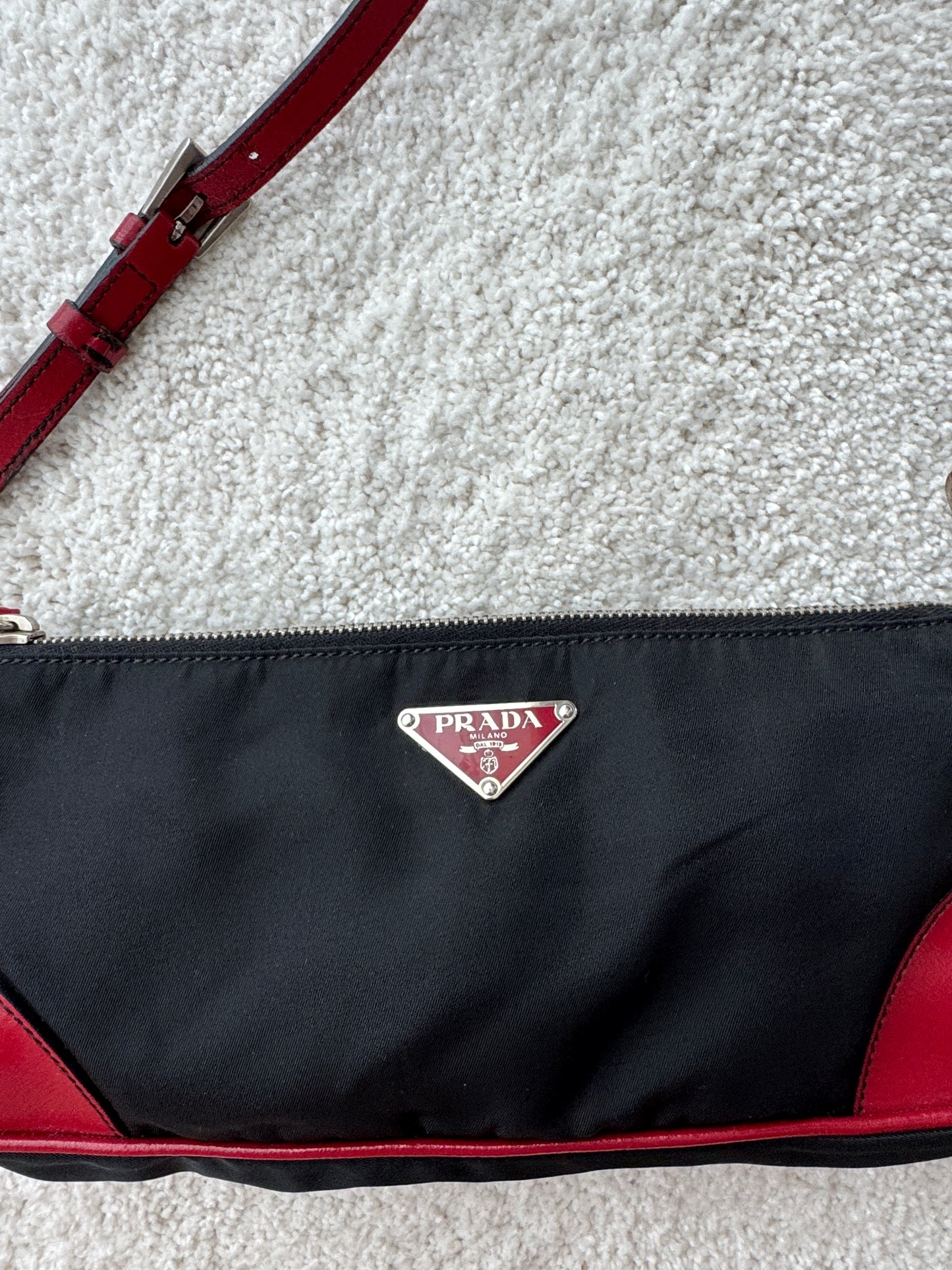 Prada Y2K Black Nylon w/ Red Leather Trim Shoulder Bag