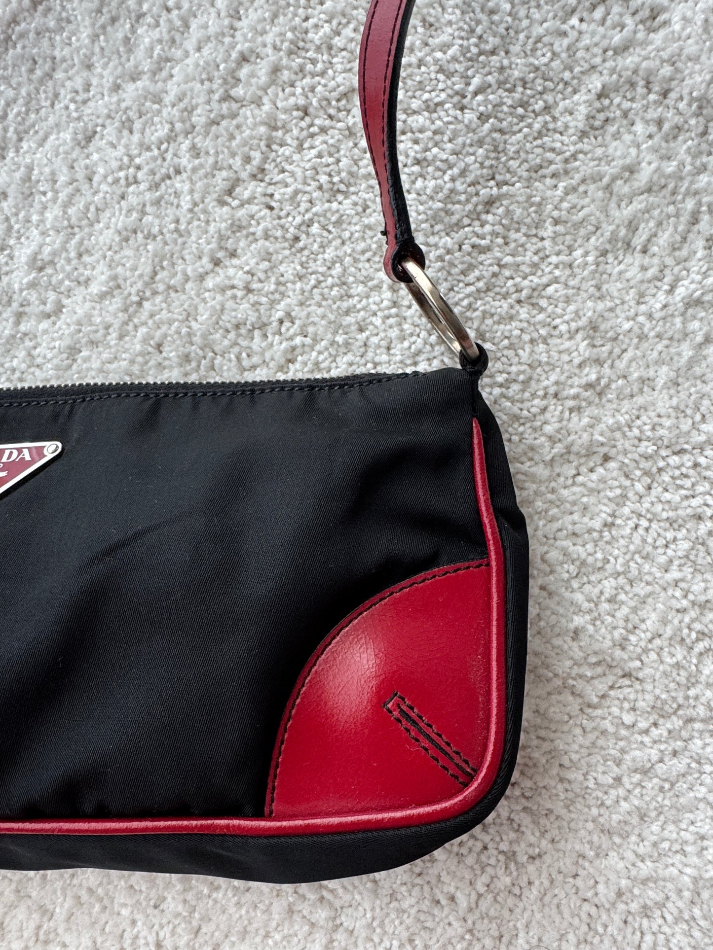 Prada Y2K Black Nylon w/ Red Leather Trim Shoulder Bag