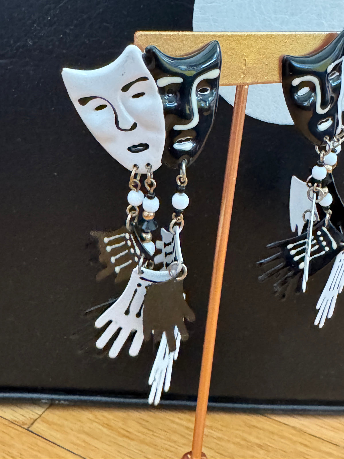 1980's Black and White Face & Hands Earrings
